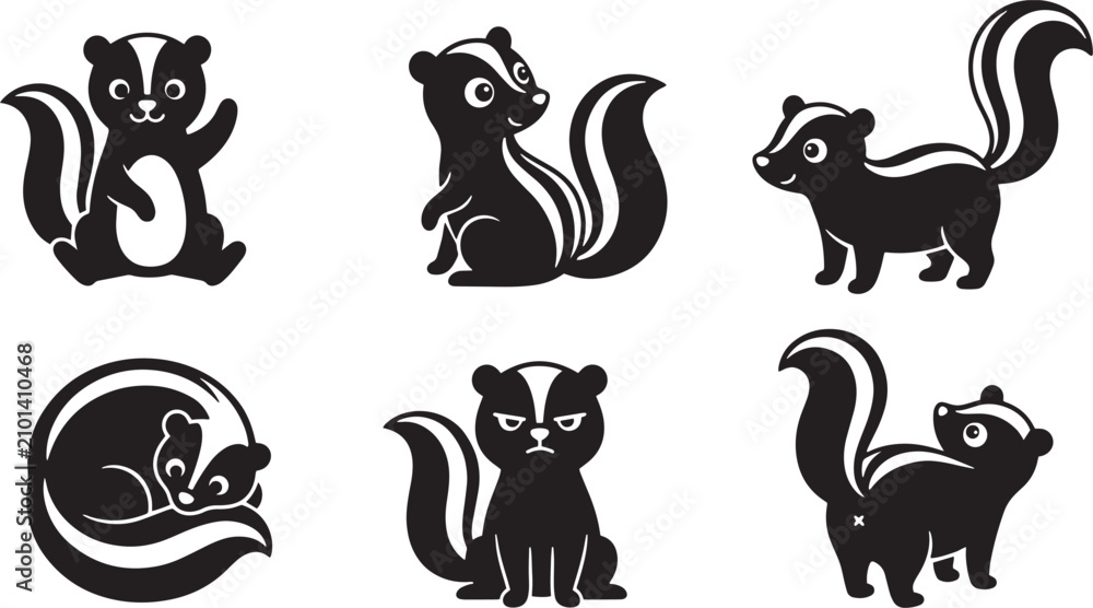 Obraz premium Skunk icons, black skunk silhouettes, vector skunk illustrations, animal icons isolated on Transparent Background