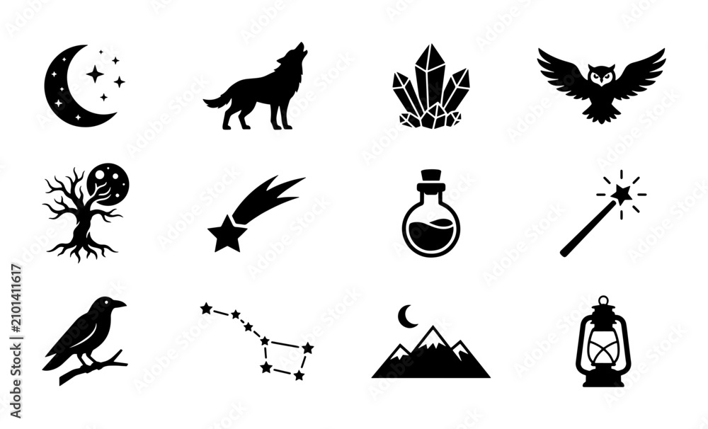 Fototapeta premium Mystical Symbols Vector Icons: Moon, Wolf, Crystals, Owl, Tree, Comet, Potion, Wand, Raven, Constellation, Mountains, Lantern Set