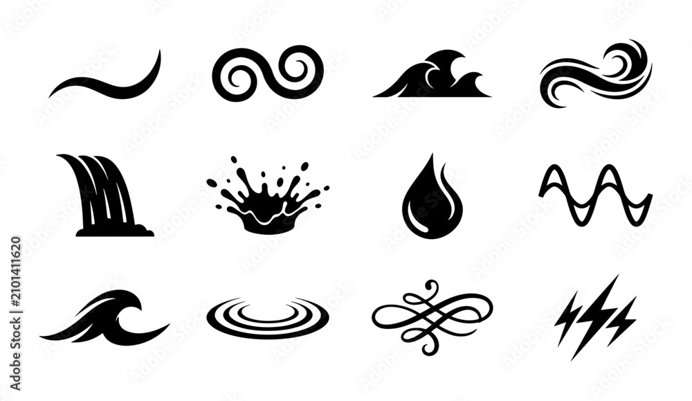 Obraz premium Water Icons Set: Dynamic Waves, Splashes, Drops, and Swirls for Fluidity and Motion Graphics