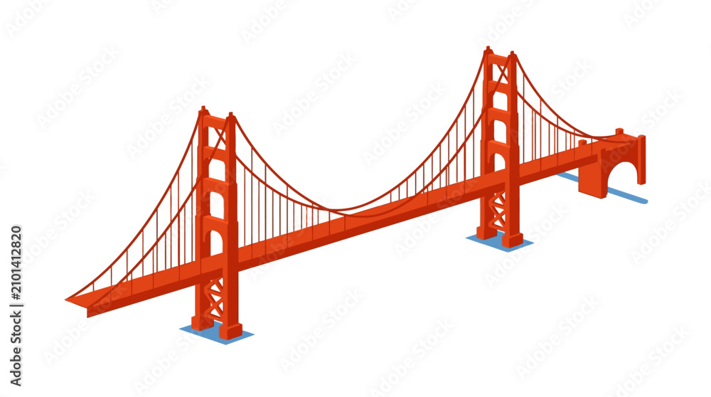 Fototapeta premium Isometric Golden Gate Bridge vector illustration featuring orange suspension towers and cables on white background, San Francisco landmark flat design icon.