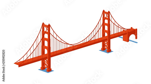 Isometric Golden Gate Bridge vector illustration featuring orange suspension towers and cables on white background, San Francisco landmark flat design icon.