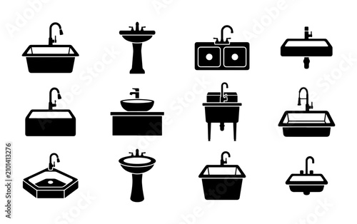 Billede på lærred Collection of 12 Black Silhouette Bathroom Sinks, Ceramic Basins, and Plumbing F