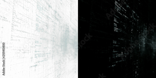 Abstract digital data stream with glowing white code text, futuristic programming background with perspective depth, cyber security concept for technology presentation, software
