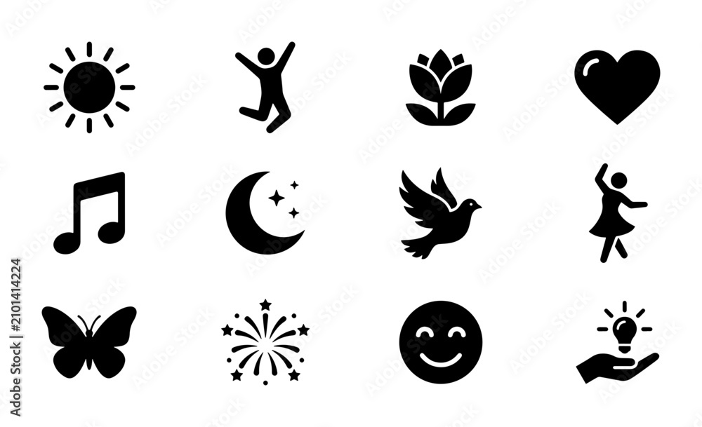 Fototapeta premium Set of 12 Simple Black Icons: Sun, Jumping Person, Flower, Heart, Music Note, Moon, Dove, Dancing Person, Butterfly, Fireworks, Smiley Face, Lightbulb Idea