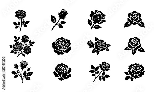 Elegant Black Rose Icons Set, Vector Floral Graphics Collection, Romantic Flower Illustrations for Design Projects