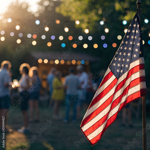 American Flag at Outdoor Patriotic Celebration with Festive Lights