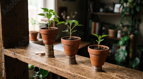 Three young plants in terracotta pots growing on stacks of coins, symbolizing financial growth, savings, and investment