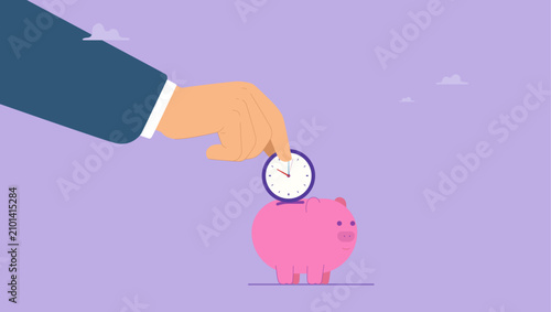 Foto Businessman hand put time clock into piggy bank saving