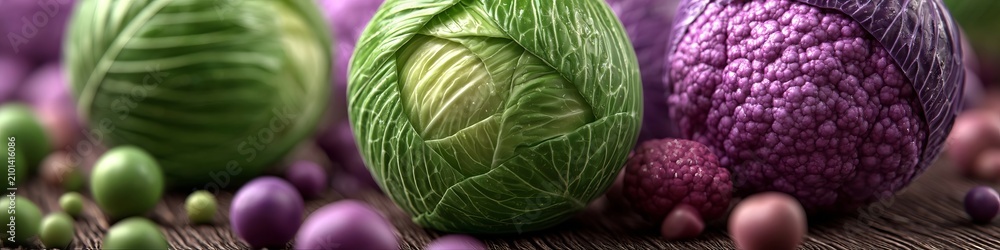Obraz premium Close Up View Of Fresh Raw Green And Purple Cabbage Heads Arranged With Scattered Small Vegetables.