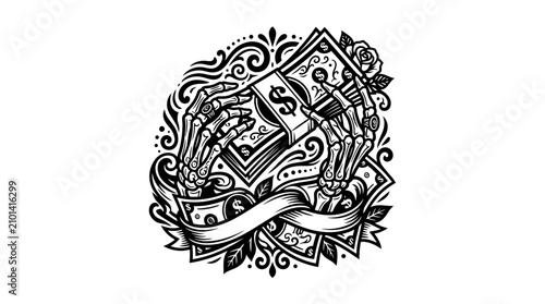 Skeleton Hands Holding Stack of Dollar Bills with Ornate Swirls and Rose
