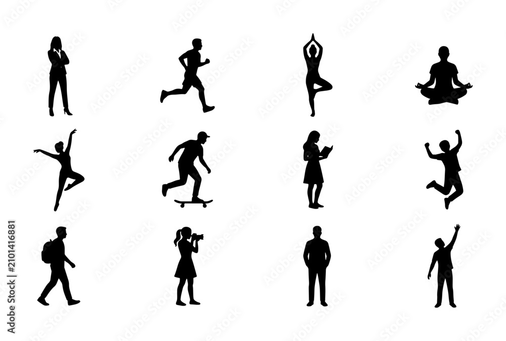 Obraz premium Diverse Human Silhouettes Collection, 12 Vector Icons for Lifestyle, Fitness, and Business Concepts, Black and White Figures