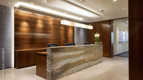 Ultra realistic luxury estate planning office interior, blank wall signage above a natural stone reception desk, warm wood finishes, indirect architectural lighting