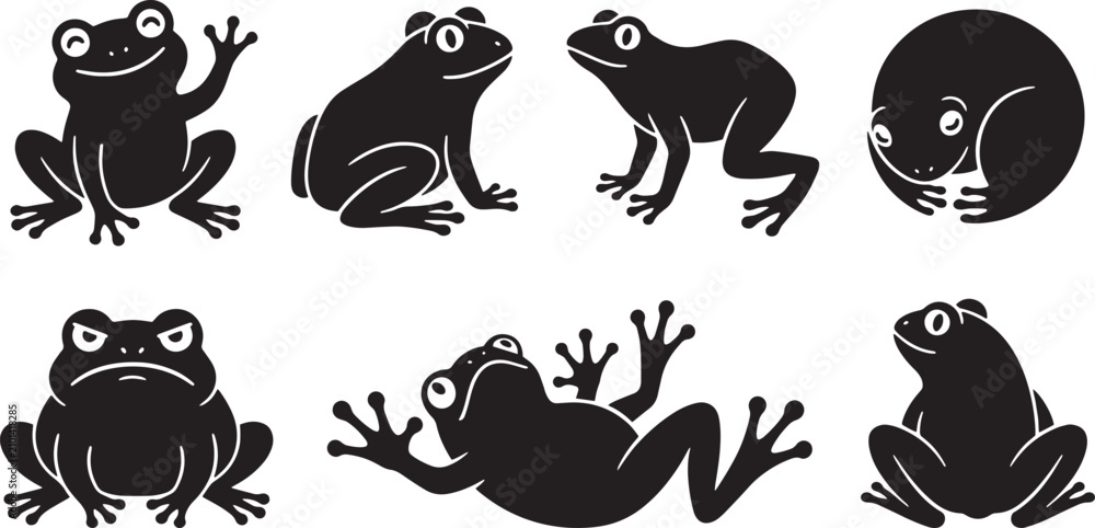 Obraz premium Frog icons, black silhouette set, amphibian symbols, vector illustrations isolated on Transparent Background