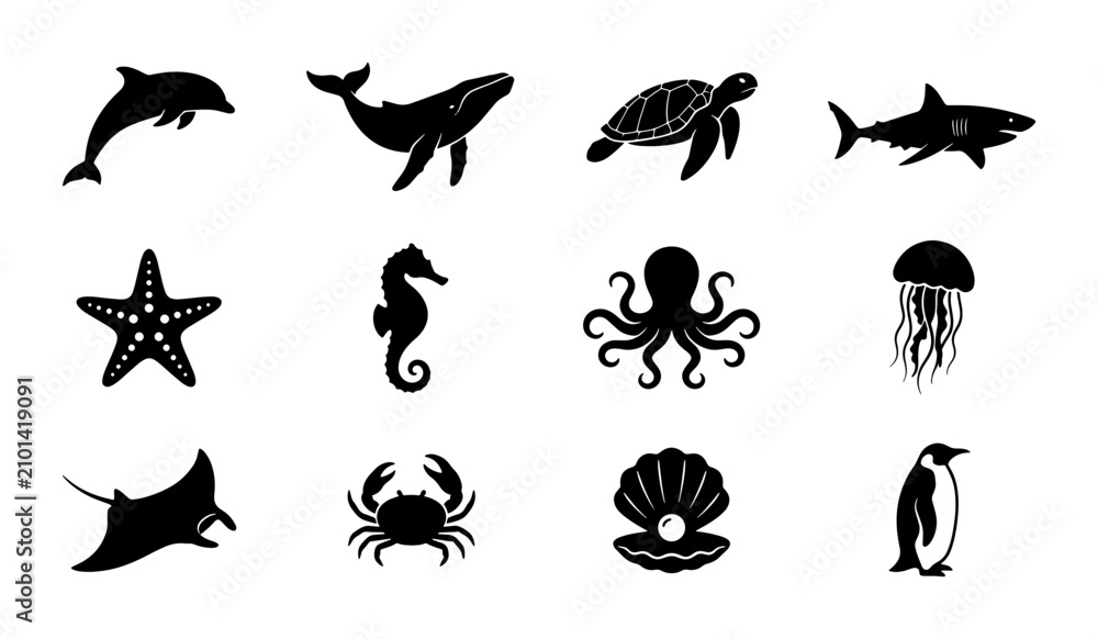 Fototapeta premium Marine Life Vector Icons Set: Dolphin, Whale, Turtle, Shark, Seahorse, Octopus, Jellyfish, Starfish, Crab, Penguin, Shell, Stingray Silhouettes for Oceanography and Wildlife Design