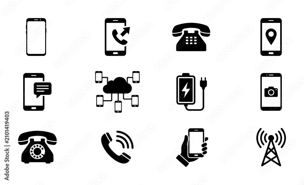 Fototapeta premium Mobile Phone and Communication Icons Set: Smartphone, Rotary Phone, Network, Battery, Location, Call, Message, Camera, Signal Tower