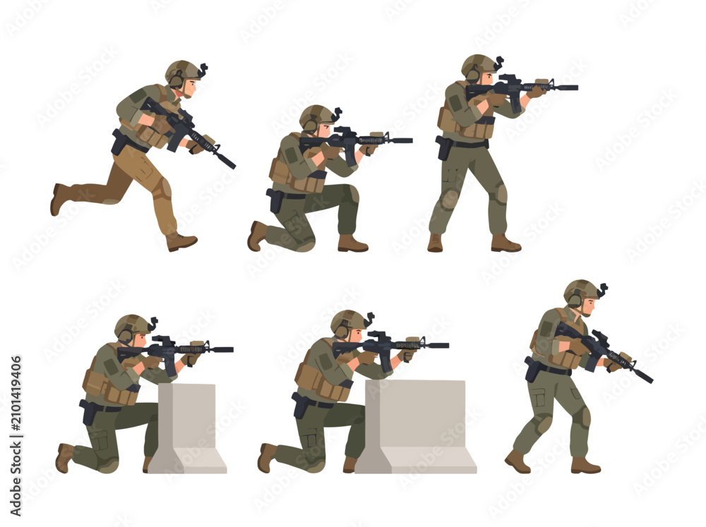 Fototapeta premium A collection of soldiers in various tactical combat poses with rifles.