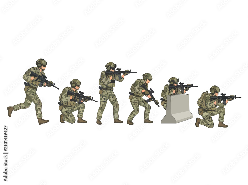 Fototapeta premium A group of six soldiers in camouflage uniforms engaged in tactical combat maneuvers.