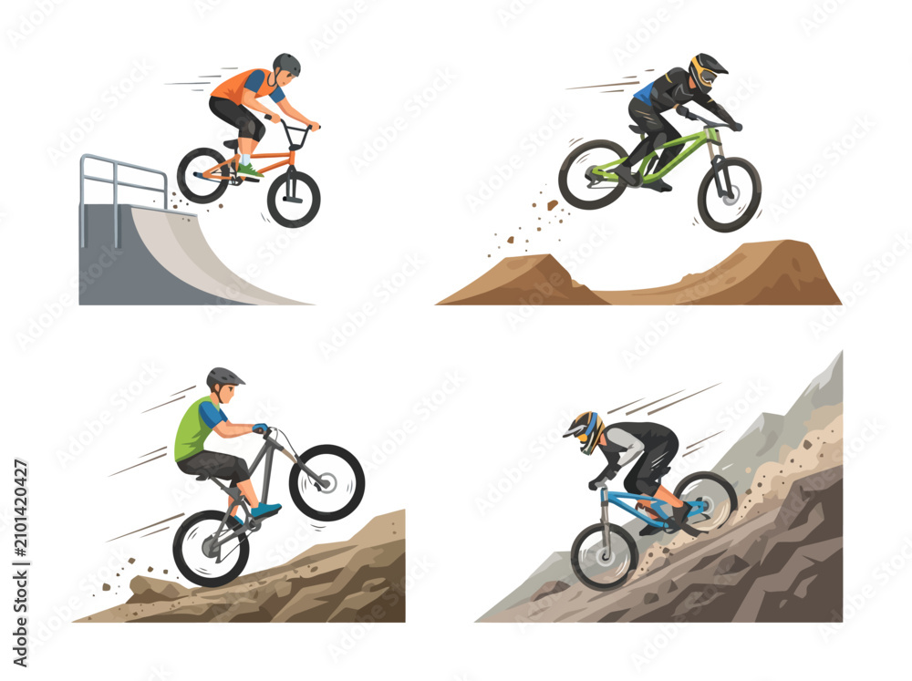 Fototapeta premium Four illustrations of cyclists performing various mountain biking and bmx stunts.