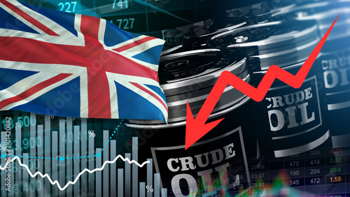 Fotografía A barrel of crude oil, the UK flag, and a red arrow illustrate the drop in British oil prices, relating to market fluctuations, resource supply chain security, and global energy inflation