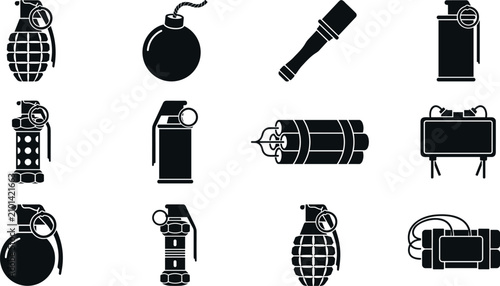 Foto Military Grenade and Explosives Icon Set with Hand Grenades Dynamite Sticks Clay