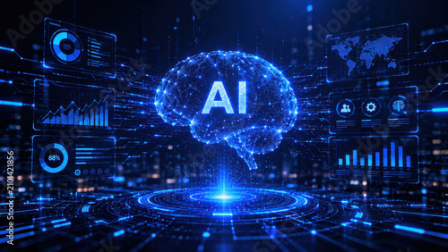 Artificial intelligence AI data analytics network dashboard hologram interface concept with glowing brain above platform, charts and world map for machine learning, automation