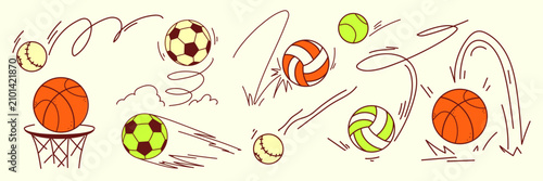 Obraz na płótnie Hand drawn soccer, tennis ball bouncing icons with dynamic motion lines, speed trails