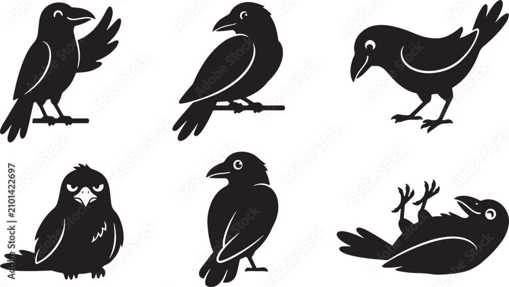 Obraz premium Black crow silhouette set, 6 raven bird vector icons, cute cartoon crow characters in various poses, dark bird mascot collection isolated on Transparent Background