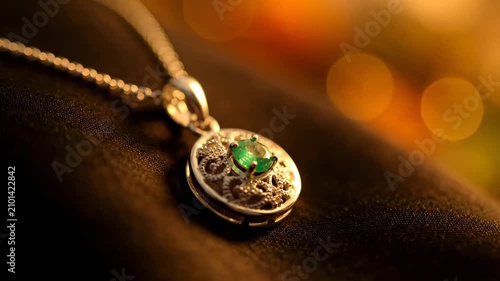 Elegant Silver Necklace with Green Emerald Pendant on Dark Fabric