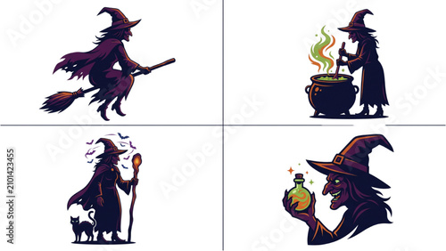Fotografie Halloween design collection features witches and broomsticks in spooky scenes