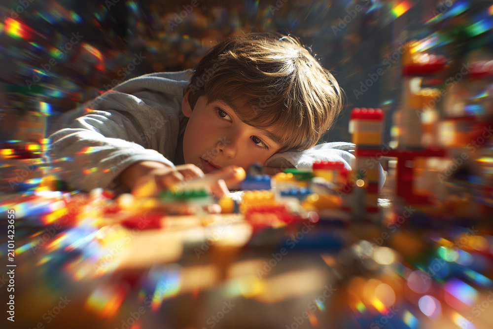 Obraz premium Boy engaged in building a LEGO structure on the floor surrounded by colorful bricks in a warm and bright room
