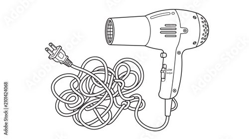 Obraz na plátne Hair Dryer Icon with Tangled Curly Hair and Power Plug, Hand-Drawn Line Art for