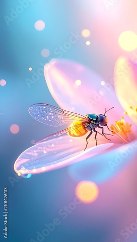 Insect on flower with colorful bokeh.