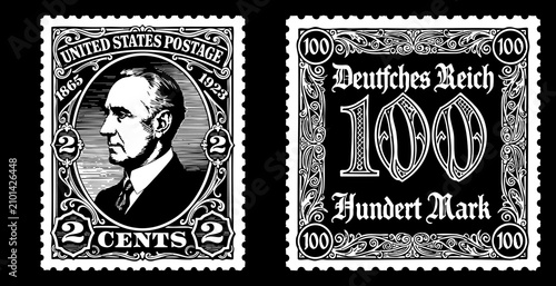 Obraz na płótnie Vintage Postage Stamp Collection, Antique Style Vector Illustration Set