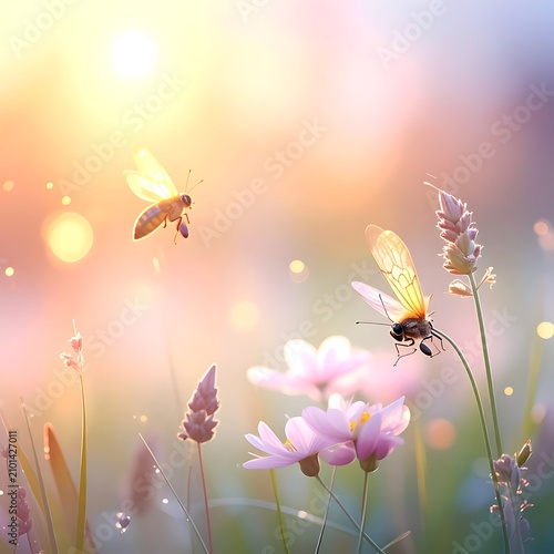 Insects flying over colorful wildflowers field.