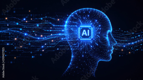 Artificial intelligence neural network machine learning data stream computer chip human head digital glow dark background luminous profile with processor circuit and flowing code