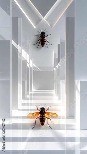 Insects in a modern white corridor.