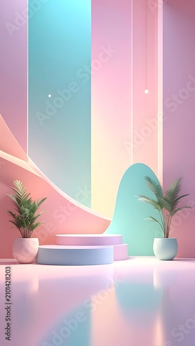 Minimalist pastel colored interior with plants.