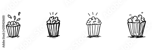 Popcorn In Hand Drawn Style Set. Snack Doodle Sketch Collection. Perfect For Cinema, Movie Night, And Entertainment Themes. Isolated Vector Illustration