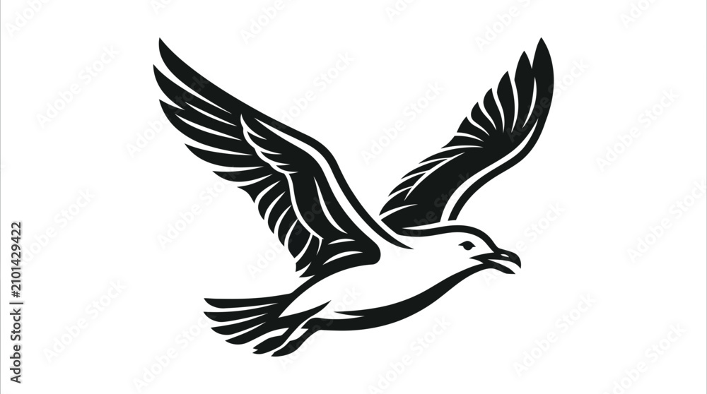 Fototapeta premium Stylized Seagull Flying Silhouette, Black and White Vector Art
