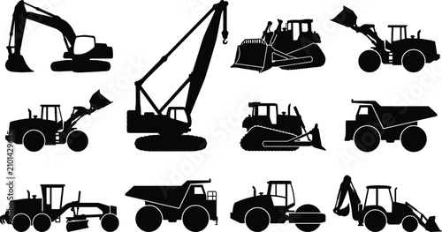 Canvastavla Construction Heavy Equipment Silhouette Collection Featuring Excavator Crane Bul