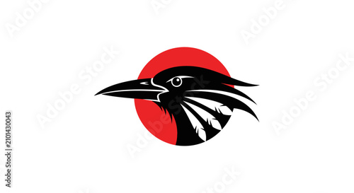 Stylized black raven head logo with red sun background.