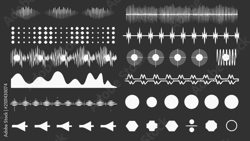 Quadro su tela Audio Waveform Collection Twenty Variations White Vector Graphics On Dark Backgr