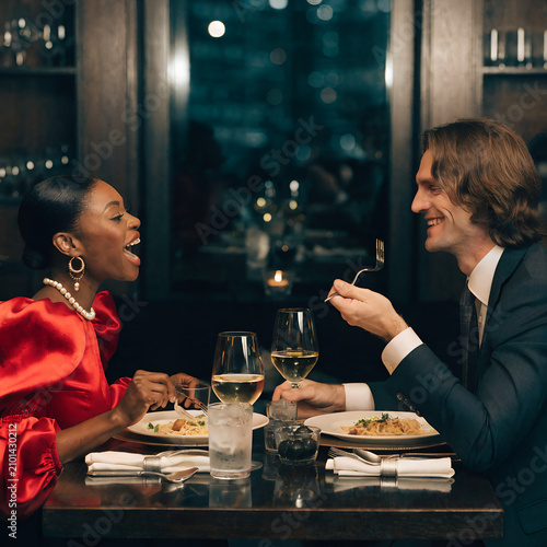 Happy Couple Enjoying Romantic Dinner Date at Elegant Restaurant