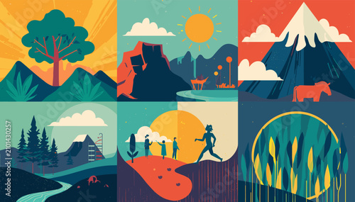 Canvastavla A vibrant collection of six minimalist graphic panels depicting diverse natural landscapes and human interaction