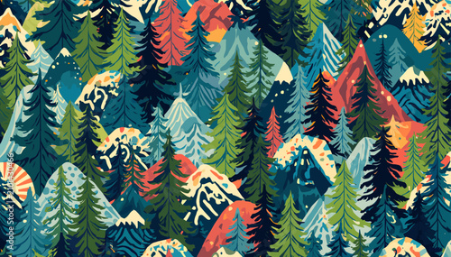 Фотография A vibrant, stylized illustration depicting a dense, colorful forest with numerous mountains and snow-capped peaks in a patterned design