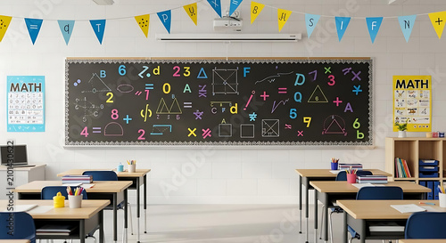 Empty school classroom ready for learning with colorful math and science symbols on blackboard for education concept