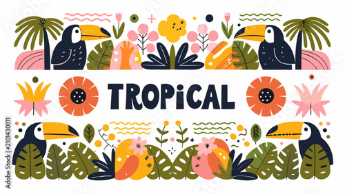 Картината върху платно Tropical floral ornament with toucans and palm leaves a colorful vector illustra