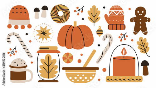 Bild auf Leinwand Autumn themed vector illustration featuring pumpkins gingerbread knitted mittens