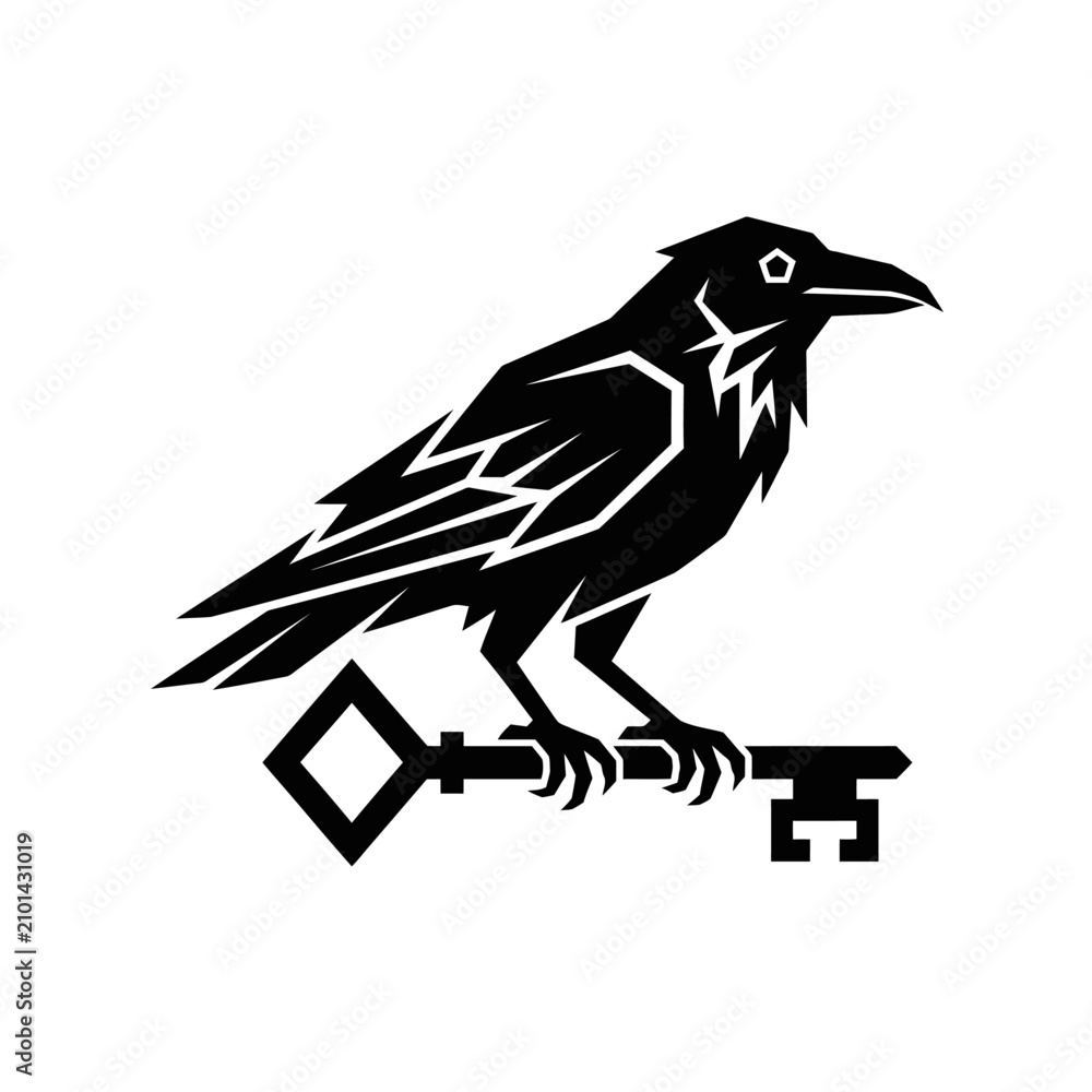 Obraz premium Black crow silhouette holding an antique key