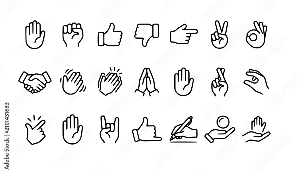 Fototapeta premium Set of 21 Hand Outline Icons Linear Editable Stroke Vector Collection
